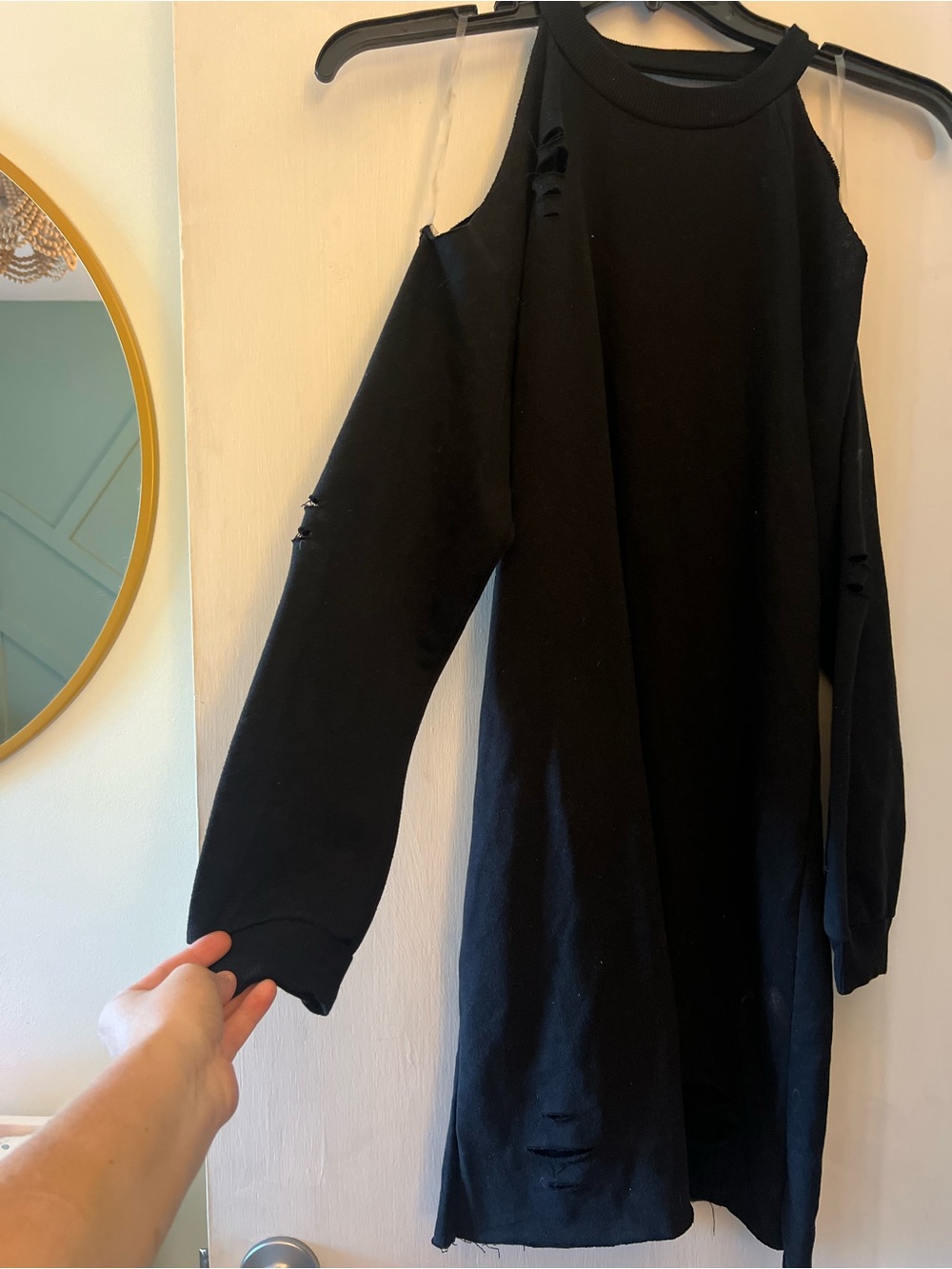 Planet Gold Black Cold-Shoulder Crewneck Sweater w/ cuts throughout